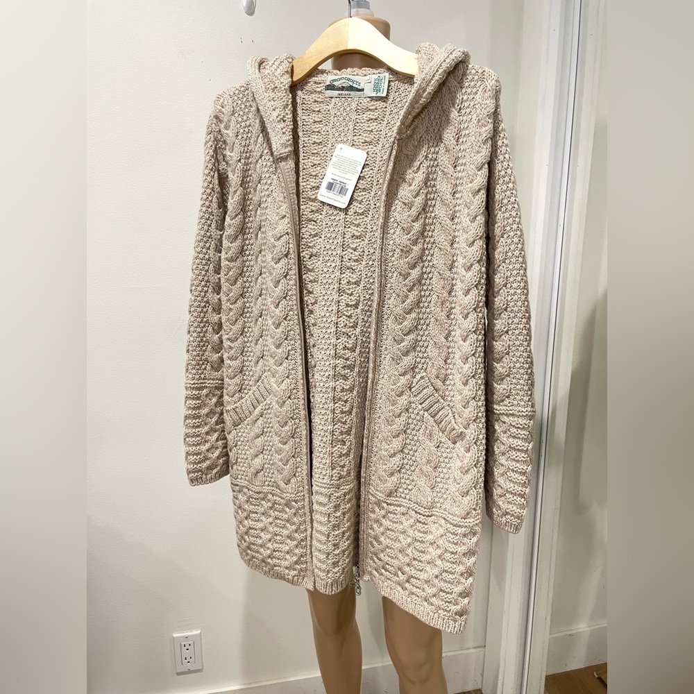 ARAN Ireland 100% Merino Wool Full Zip Sweater Coat Oatmeal L Chunky‎ Fisherman - Picture 2 of 10